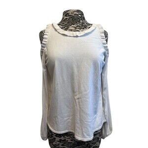 Milly White Sweater Top Knit Cold Shoulder Long Sleeve Ruffled Collar Feminine M